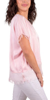 Pink Turin Top - Gigi Moda - Made in Italy # Blouse, Blouses, clothing for women, comforatable fit, comfy, Gigi Moda, italian clothes, Italian Clothing, italian fashion, italian top, Made in Italy, one size, raw edge, Round Neck, shopgigimoda, short sleeve, short sleeve top, Silk, Top, womans clothing, womens fashion, Womens Tops