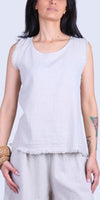 Armonia Linen Tank - Gigi Moda - Made in Italy # button-down back, Frayed Edge, Gigi Moda, Made in Italy, raw edge, raw edges, Round Neck, Sleeveless, tank, Top