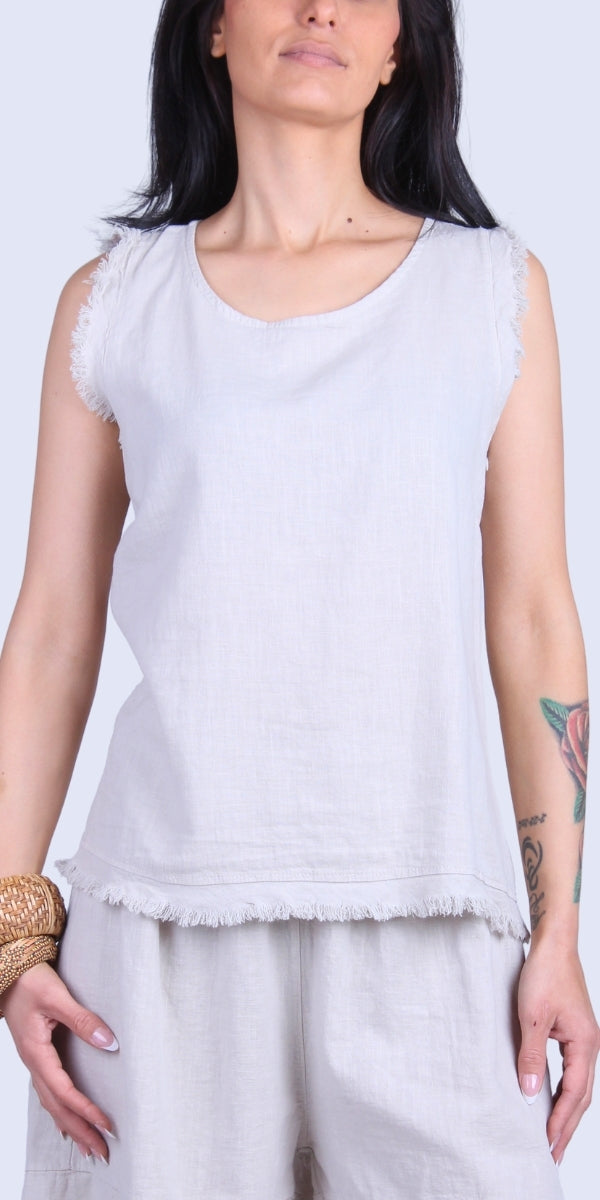 Armonia Linen Tank - Gigi Moda - Made in Italy # button-down back, Frayed Edge, Gigi Moda, Made in Italy, raw edge, raw edges, Round Neck, Sleeveless, tank, Top