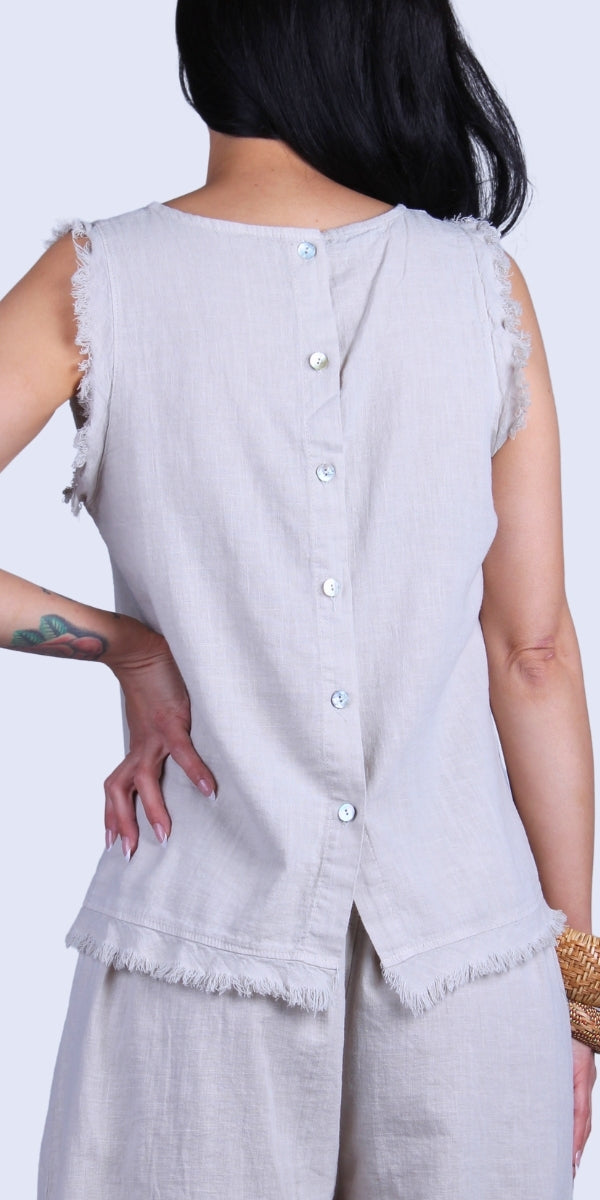 Armonia Linen Tank - Gigi Moda - Made in Italy # button-down back, Frayed Edge, Gigi Moda, Made in Italy, raw edge, raw edges, Round Neck, Sleeveless, tank, Top