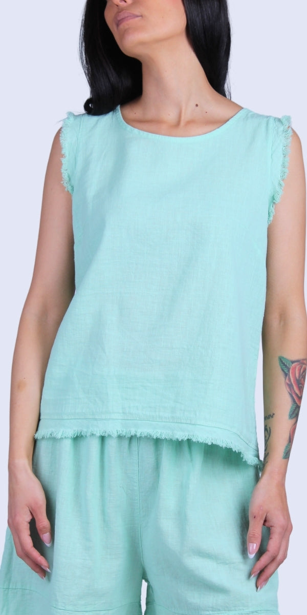 Armonia Linen Tank - Gigi Moda - Made in Italy # button-down back, Frayed Edge, Gigi Moda, Made in Italy, raw edge, raw edges, Round Neck, Sleeveless, tank, Top