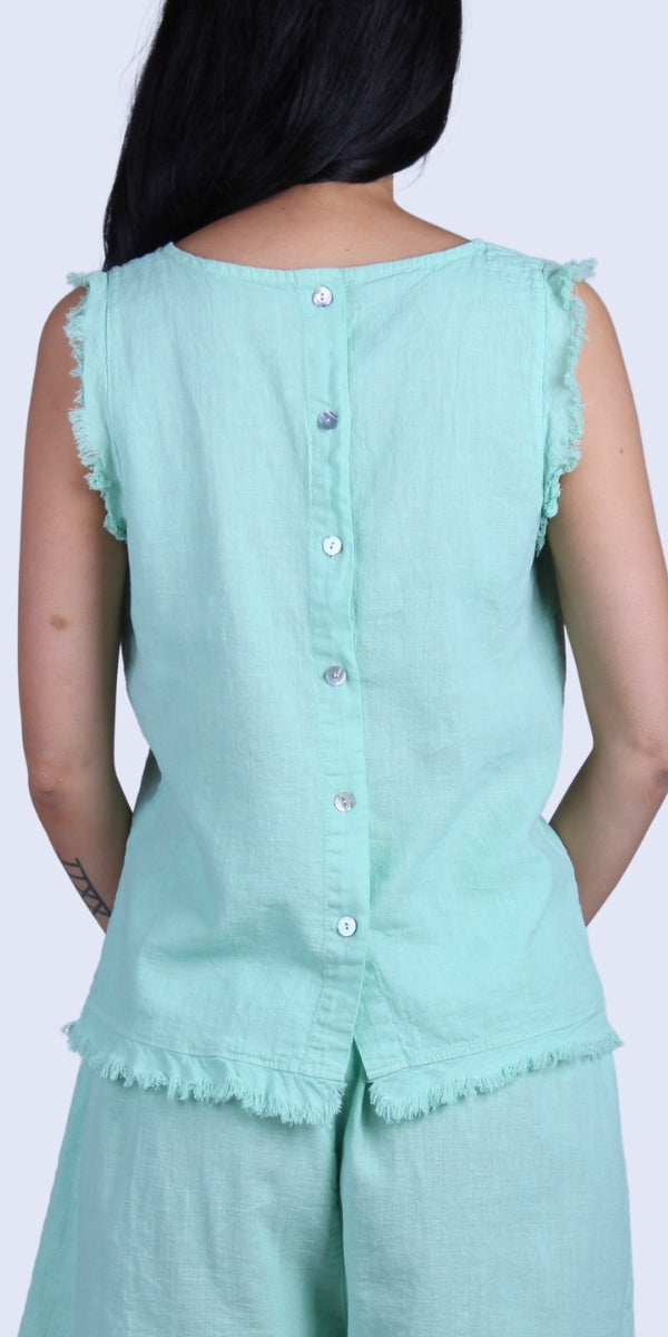 Armonia Linen Tank - Gigi Moda - Made in Italy # button-down back, Frayed Edge, Gigi Moda, Made in Italy, raw edge, raw edges, Round Neck, Sleeveless, tank, Top