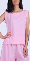 Armonia Linen Tank - Gigi Moda - Made in Italy # button-down back, Frayed Edge, Gigi Moda, Made in Italy, raw edge, raw edges, Round Neck, Sleeveless, tank, Top