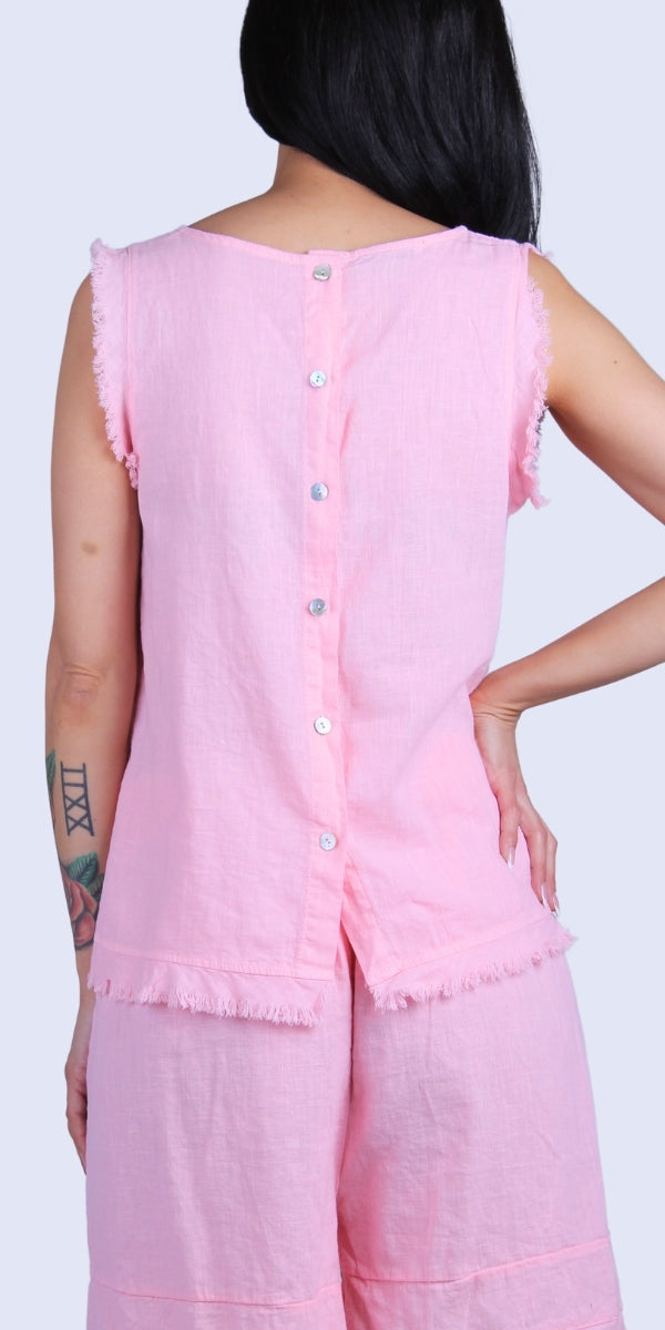 Armonia Linen Tank - Gigi Moda - Made in Italy # button-down back, Frayed Edge, Gigi Moda, Made in Italy, raw edge, raw edges, Round Neck, Sleeveless, tank, Top