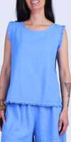 Armonia Linen Tank - Gigi Moda - Made in Italy # button-down back, Frayed Edge, Gigi Moda, Made in Italy, raw edge, raw edges, Round Neck, Sleeveless, tank, Top