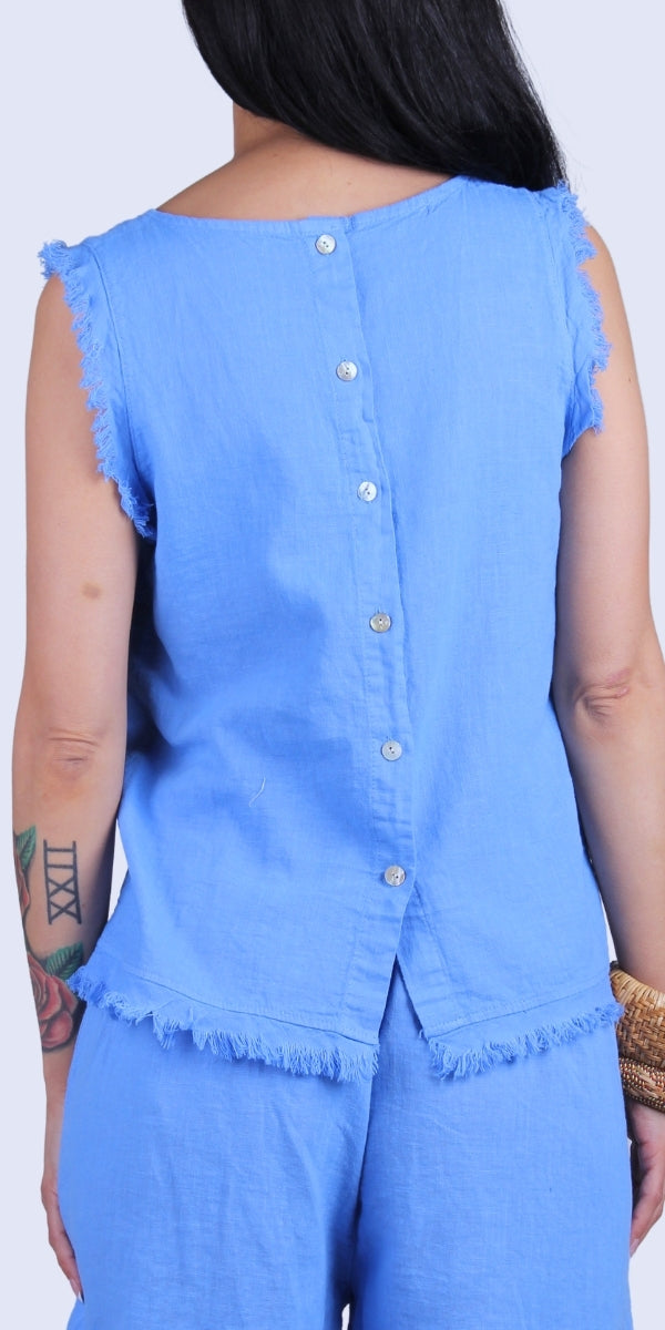 Armonia Linen Tank - Gigi Moda - Made in Italy # button-down back, Frayed Edge, Gigi Moda, Made in Italy, raw edge, raw edges, Round Neck, Sleeveless, tank, Top