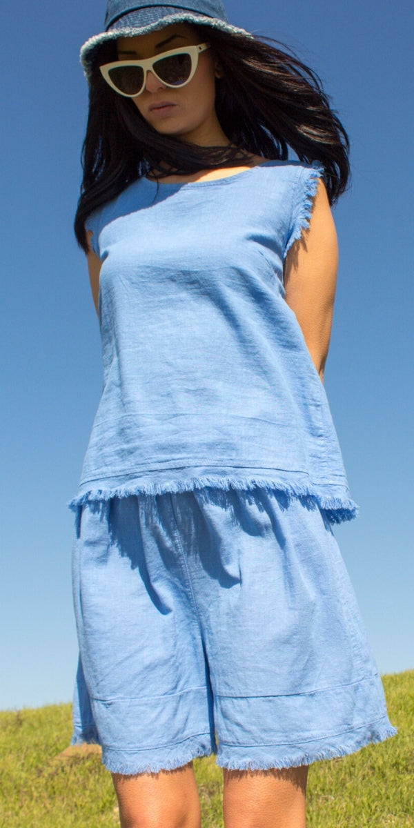 Armonia Linen Tank - Gigi Moda - Made in Italy # button-down back, Frayed Edge, Gigi Moda, Made in Italy, raw edge, raw edges, Round Neck, Sleeveless, tank, Top