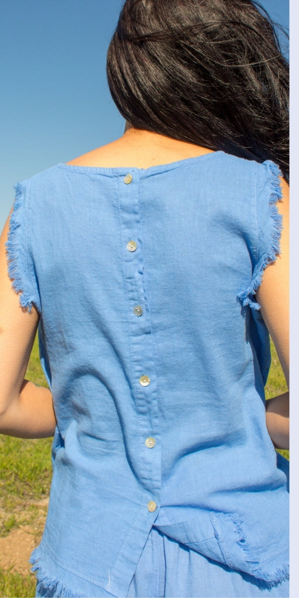 Armonia Linen Tank - Gigi Moda - Made in Italy # button-down back, Frayed Edge, Gigi Moda, Made in Italy, raw edge, raw edges, Round Neck, Sleeveless, tank, Top