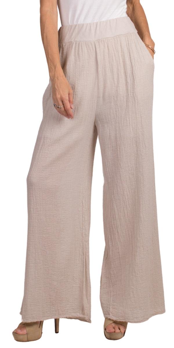Pescara Cotton Pants - Gigi Moda - Made in Italy # bottoms, Cotton, cotton pants, elastic waistband, gauze, Gigi Moda, Made in Italy, OS, Pants, resort, resort wear, spring, stretch waistband, summer, washable, WIDE LEG