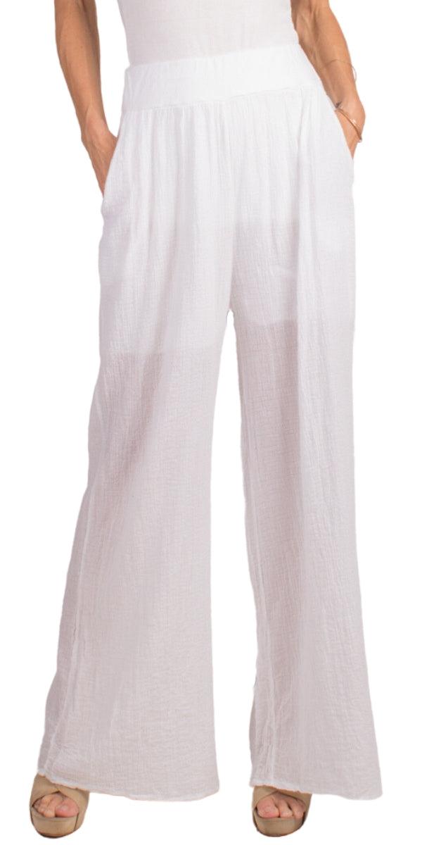 Pescara Cotton Pants - Gigi Moda - Made in Italy # bottoms, Cotton, cotton pants, elastic waistband, gauze, Gigi Moda, Made in Italy, OS, Pants, resort, resort wear, spring, stretch waistband, summer, washable, WIDE LEG