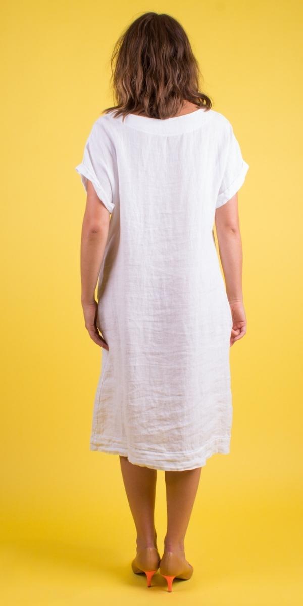 La Siesta Linen Dress - Gigi Moda - Made in Italy # 100% Linen, Dress, free shipping, Gigi Moda, Linen, Made in Italy, one size, OS, pockets, resort, resort wear, short sleeve dress, spring, summer, v-neck