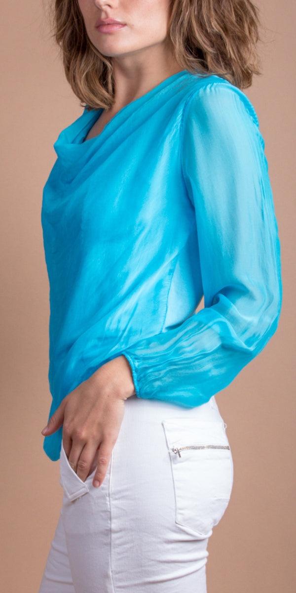 Maggia Long Sleeve Blouse - Gigi Moda - Made in Italy # Blouse, Cowl Neck, italian blouse, italian top, Long Sleeve, long sleeves, Made in Italy, OS, resort wear, Silk, silk blouse, Top