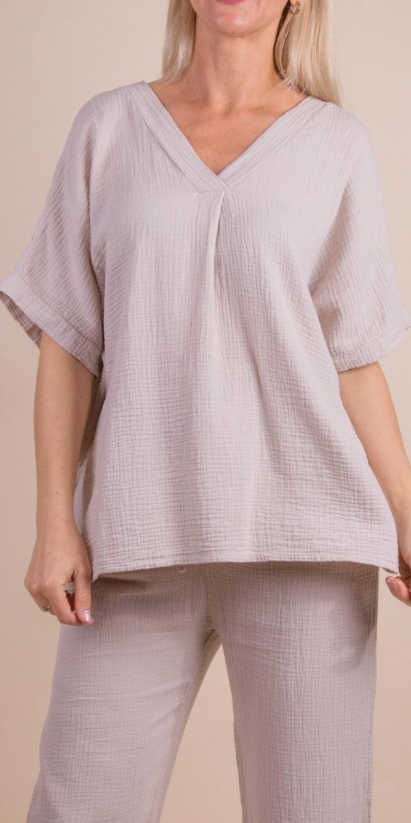 Jesi Cotton Top - Gigi Moda - Made in Italy # 100% Cotton, Cotton, gauze, Gigi Moda, Made in Italy, one size, shirt, spring, summer, Top, V-Neck, waffle, waffle cotton