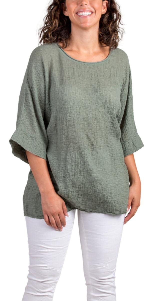 Rina Waffle Cotton Top - Gigi Moda - Made in Italy # Cotton, gauze, Gigi Moda, Made in Italy, one size, Round-Neck, shirt, spring, summer, Top, waffle, waffle cotton