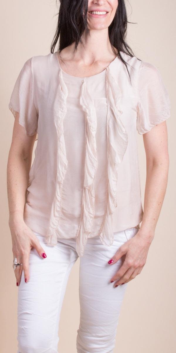 Nizza Silk Top - Gigi Moda - Made in Italy # blouse, comfy top, gigi moda, Italian Clothing, Made in Italy, one size, Round Neck, Ruffle, ruffles, Silk, top