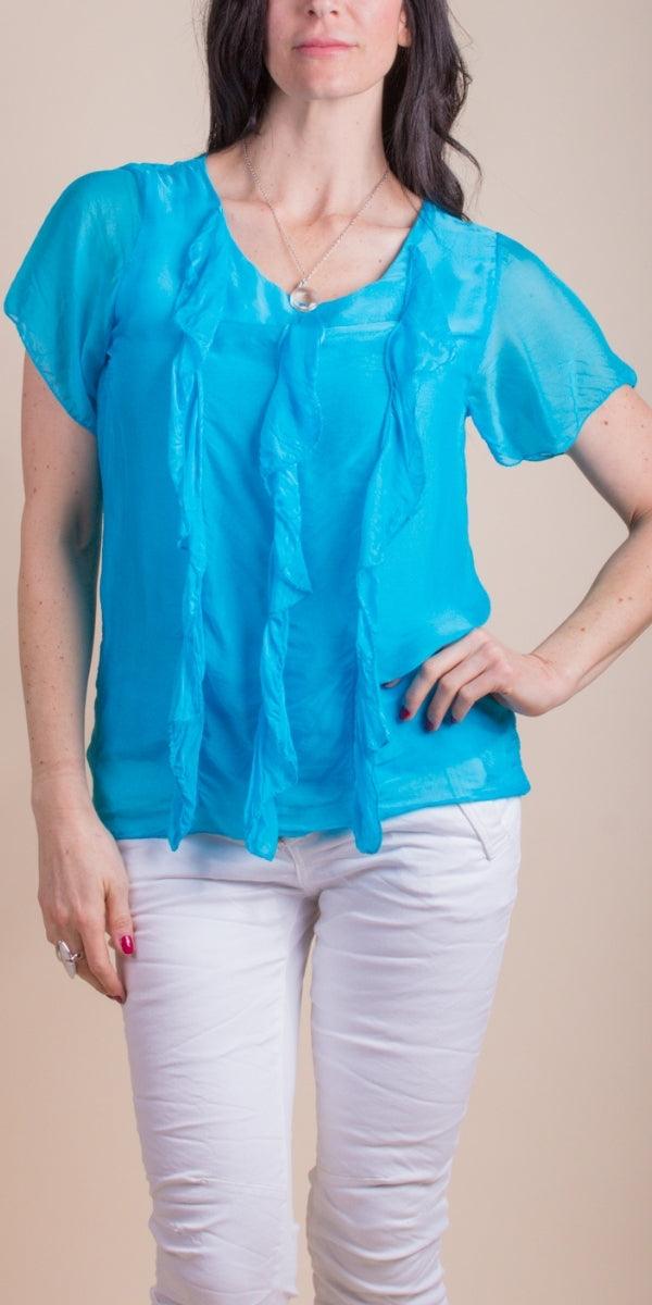 Nizza Silk Top - Gigi Moda - Made in Italy # blouse, comfy top, gigi moda, Italian Clothing, Made in Italy, one size, Round Neck, Ruffle, ruffles, Silk, top
