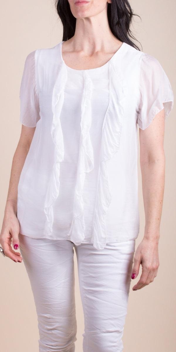 Nizza Silk Top - Gigi Moda - Made in Italy # blouse, comfy top, gigi moda, Italian Clothing, Made in Italy, one size, Round Neck, Ruffle, ruffles, Silk, top