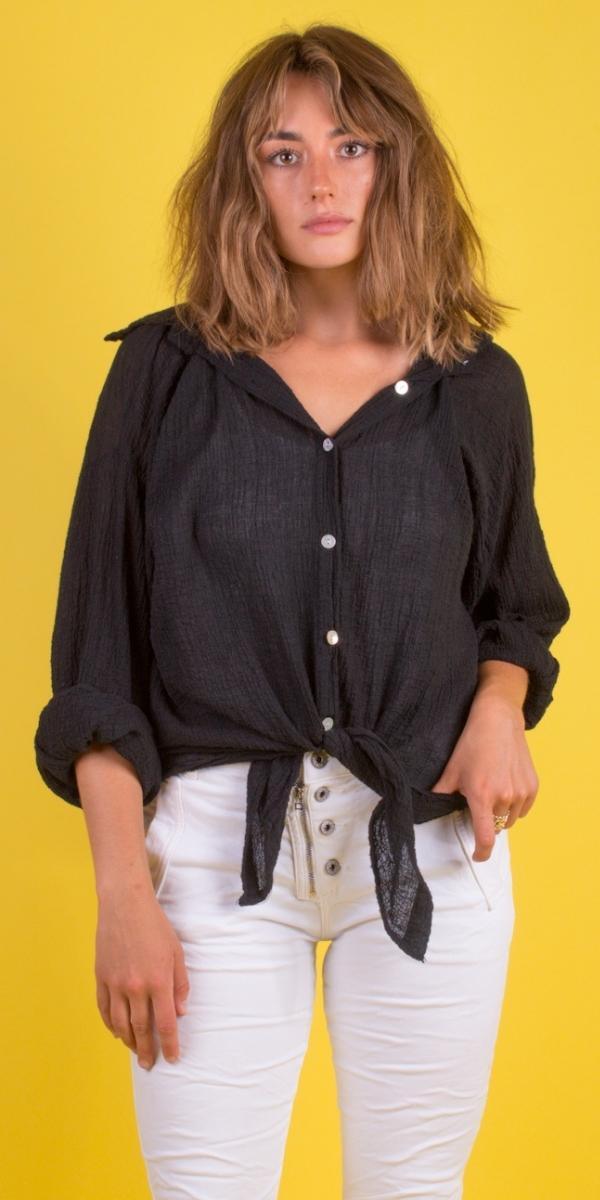 Button-Down Waffle Cotton Top - Gigi Moda - Made in Italy # button down, collar, Collared, collared shirt, Cotton, front tie, gauze, Gigi Moda, Made in Italy, one size, shirt, spring, summer, Top, waffle, waffle cotton