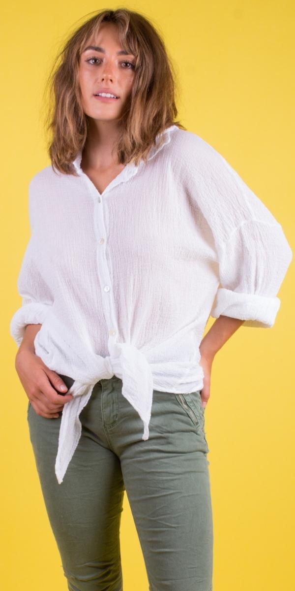Button-Down Waffle Cotton Top - Gigi Moda - Made in Italy # button down, collar, Collared, collared shirt, Cotton, front tie, gauze, Gigi Moda, Made in Italy, one size, shirt, spring, summer, Top, waffle, waffle cotton
