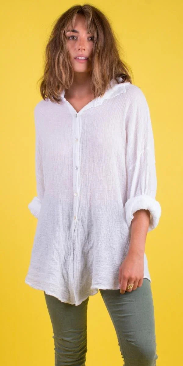 Button-Down Waffle Cotton Top - Gigi Moda - Made in Italy # button down, collar, Collared, collared shirt, Cotton, front tie, gauze, Gigi Moda, Made in Italy, one size, shirt, spring, summer, Top, waffle, waffle cotton