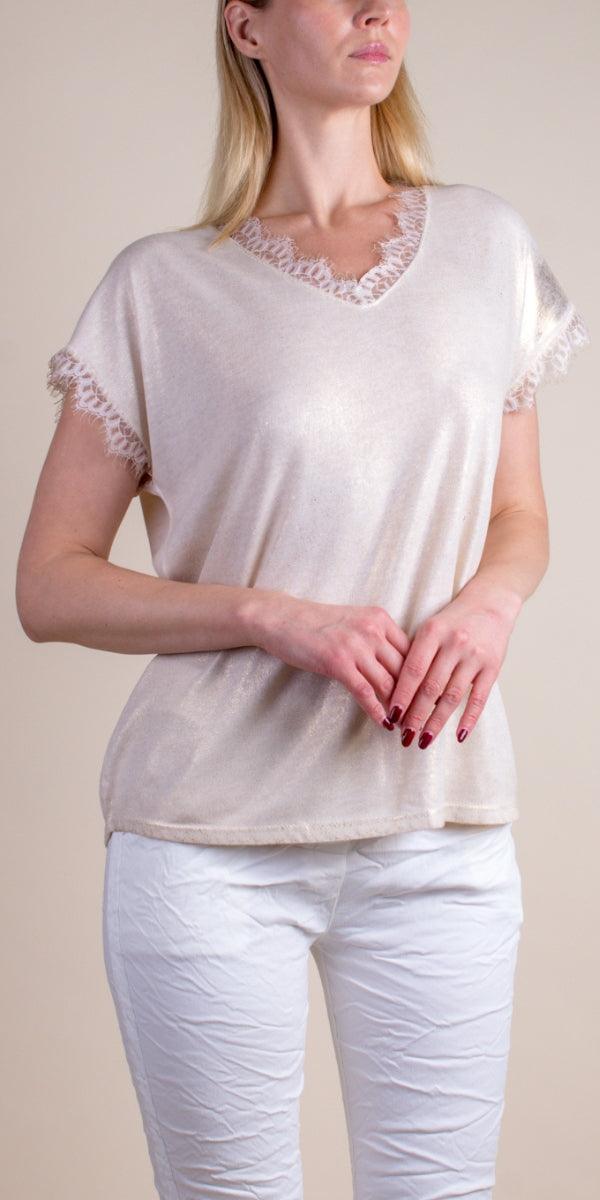 Splendore Tee - Gigi Moda - Made in Italy # Gigi Moda, lace trim, made in italy, metallic shine, shirt, short sleeve, TEE, V-Neck, v-neck tee