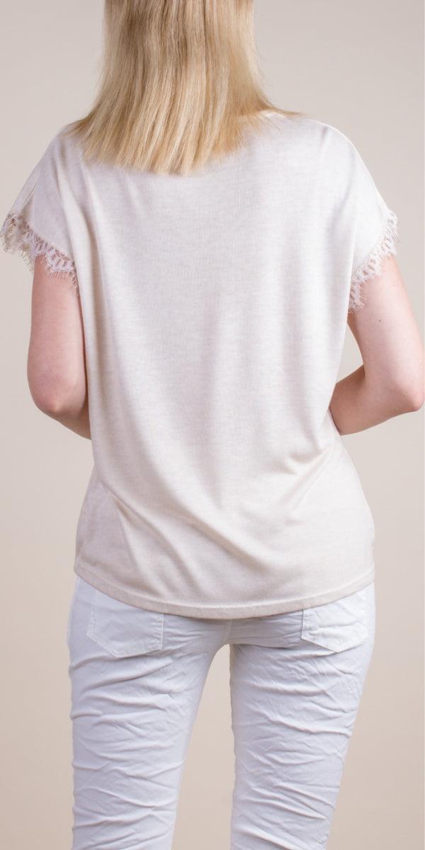 Splendore Tee - Gigi Moda - Made in Italy # Gigi Moda, lace trim, made in italy, metallic shine, shirt, short sleeve, TEE, V-Neck, v-neck tee