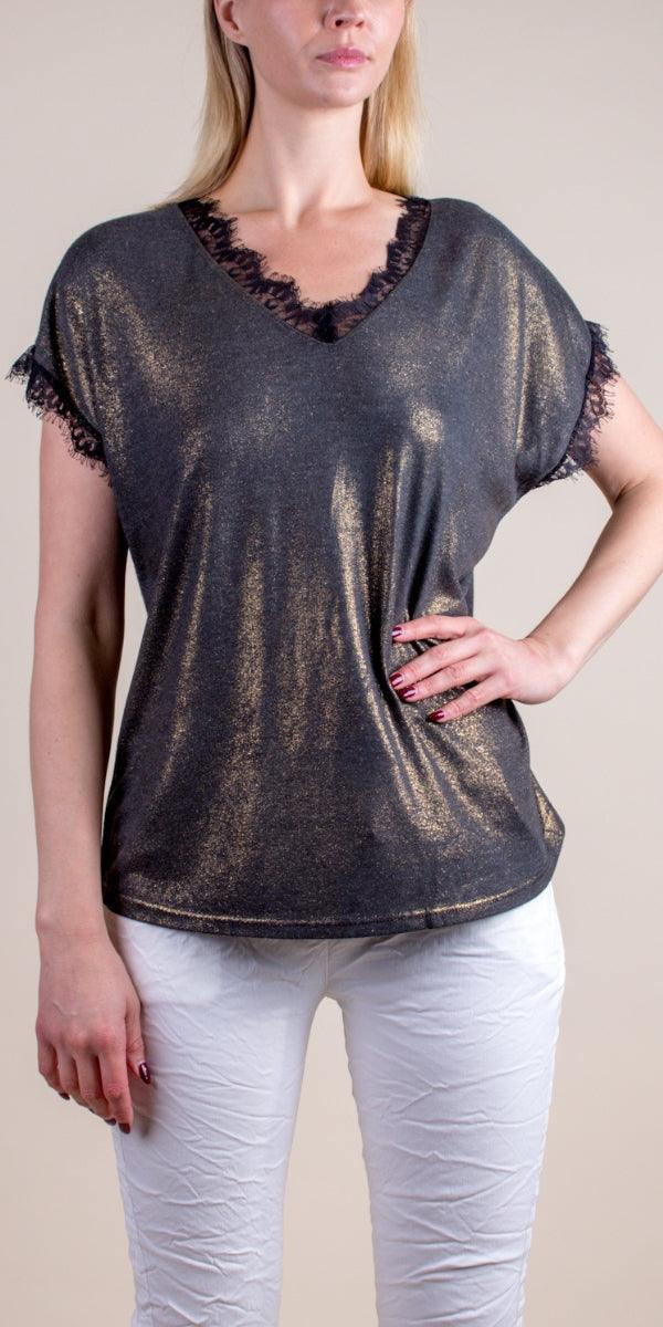 Splendore Tee - Gigi Moda - Made in Italy # Gigi Moda, lace trim, made in italy, metallic shine, shirt, short sleeve, TEE, V-Neck, v-neck tee