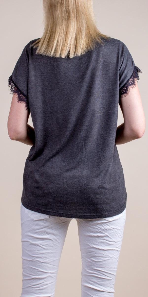 Splendore Tee - Gigi Moda - Made in Italy # Gigi Moda, lace trim, made in italy, metallic shine, shirt, short sleeve, TEE, V-Neck, v-neck tee