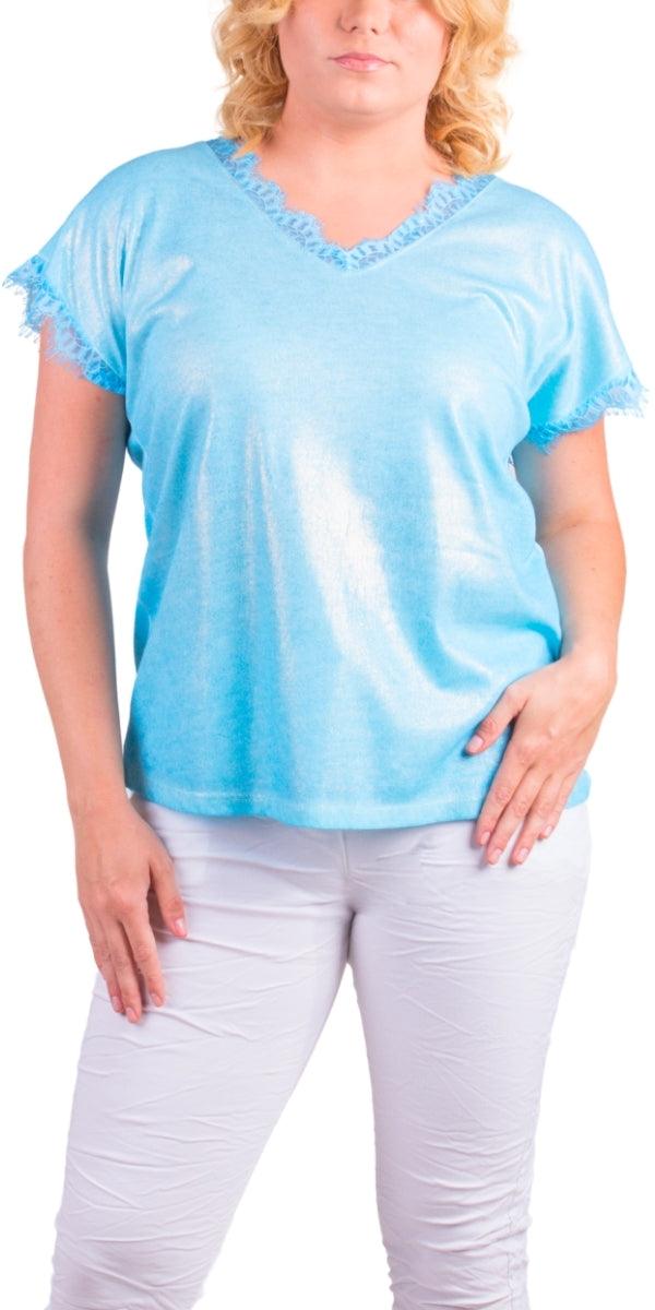 Splendore Tee - Gigi Moda - Made in Italy # Gigi Moda, lace trim, made in italy, metallic shine, shirt, short sleeve, TEE, V-Neck, v-neck tee