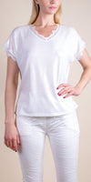 Splendore Tee - Gigi Moda - Made in Italy # Gigi Moda, lace trim, made in italy, metallic shine, shirt, short sleeve, TEE, V-Neck, v-neck tee