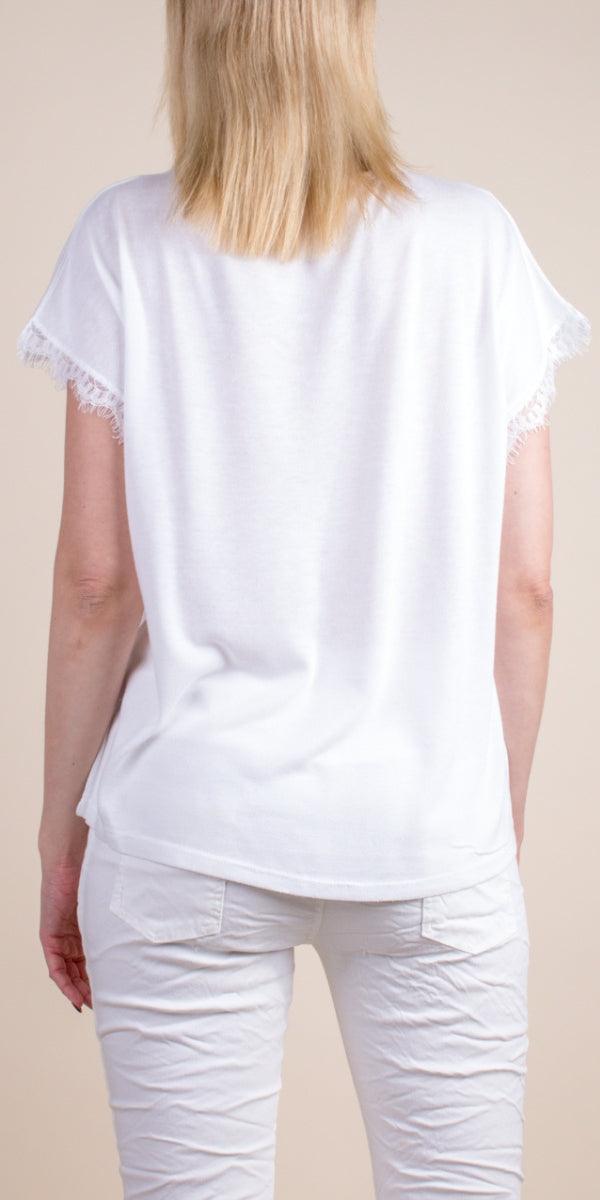 Splendore Tee - Gigi Moda - Made in Italy # Gigi Moda, lace trim, made in italy, metallic shine, shirt, short sleeve, TEE, V-Neck, v-neck tee