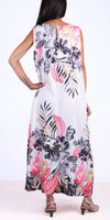 Sleeveless white maxi dress with bold pink, beige, and black floral print, shown from the back