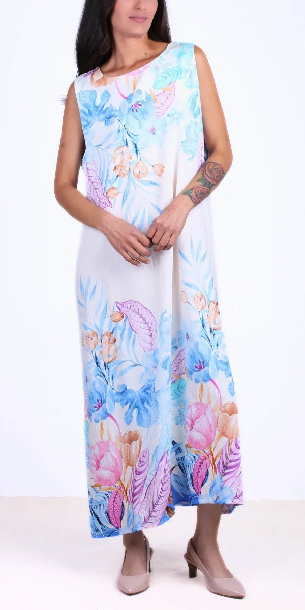 Sleeveless maxi dress with pastel floral print, round neckline, and relaxed fit