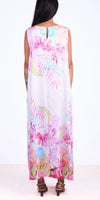 Sleeveless long floral maxi dress in pastel colors, back view, with tropical print