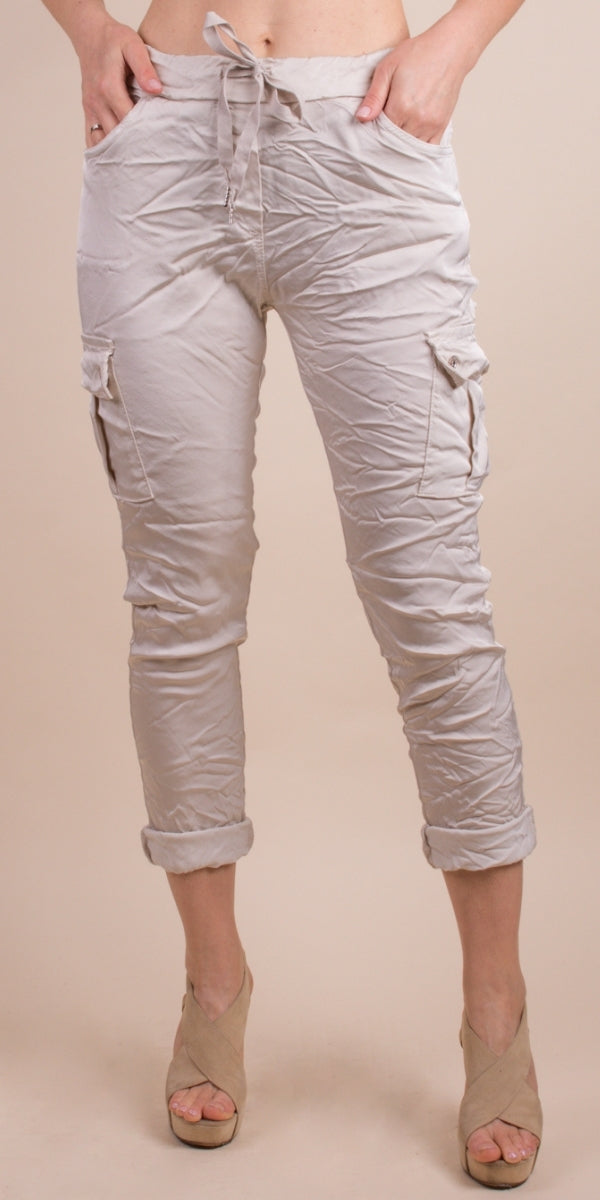 Riva Cargo Pants - Gigi Moda - Made in Italy # cargo pant, cargo pants, COMFY PANTS, drawstring pant, drawstring pants, front pockets, Gigi Moda, italian pants, Made in Italy, Pockets, Satin, shop gigi moda, Tie waist