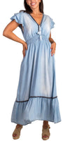 Amara Maxi Dress - Gigi Moda - Made in Italy # denim dress, denim maxi dress, distressed, Dress, faux denim, Gigi Moda, Made in Italy, Maxi Dress, ruched, ruffles, RUFFLES DRESS, V-Neck