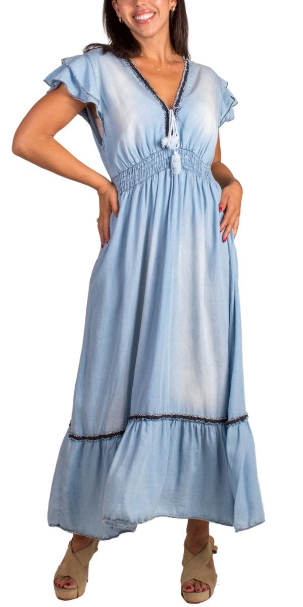 Amara Maxi Dress - Gigi Moda - Made in Italy # denim dress, denim maxi dress, distressed, Dress, faux denim, Gigi Moda, Made in Italy, Maxi Dress, ruched, ruffles, RUFFLES DRESS, V-Neck