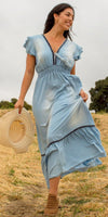 Amara Maxi Dress - Gigi Moda - Made in Italy # denim dress, denim maxi dress, distressed, Dress, faux denim, Gigi Moda, Made in Italy, Maxi Dress, ruched, ruffles, RUFFLES DRESS, V-Neck