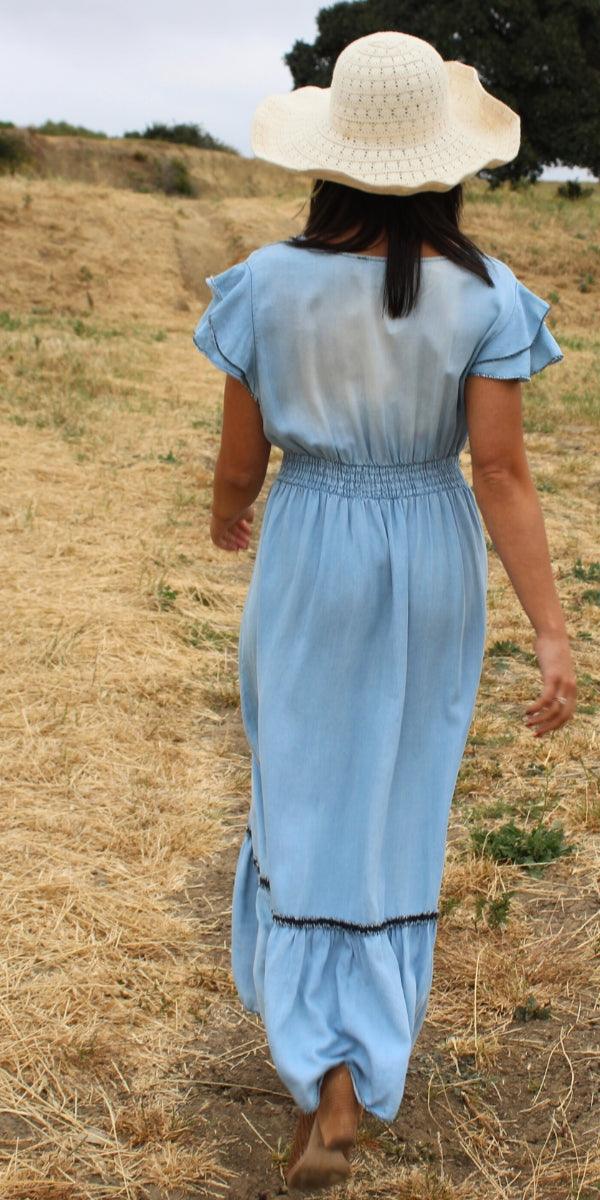 Amara Maxi Dress - Gigi Moda - Made in Italy # denim dress, denim maxi dress, distressed, Dress, faux denim, Gigi Moda, Made in Italy, Maxi Dress, ruched, ruffles, RUFFLES DRESS, V-Neck