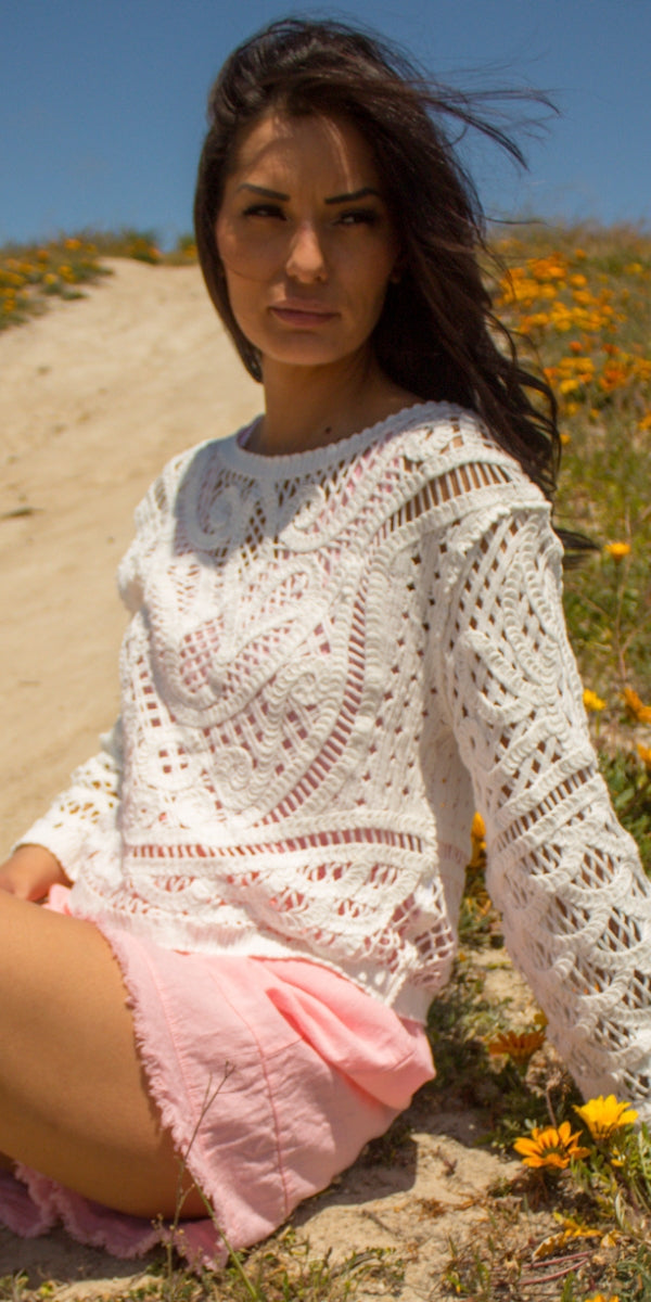 Mirella Crochet Top - Gigi Moda - Made in Italy # bohemian, Cotton, Crochet, crochet top, Gigi Moda, Long Sleeve, Made in Italy, one size, Top