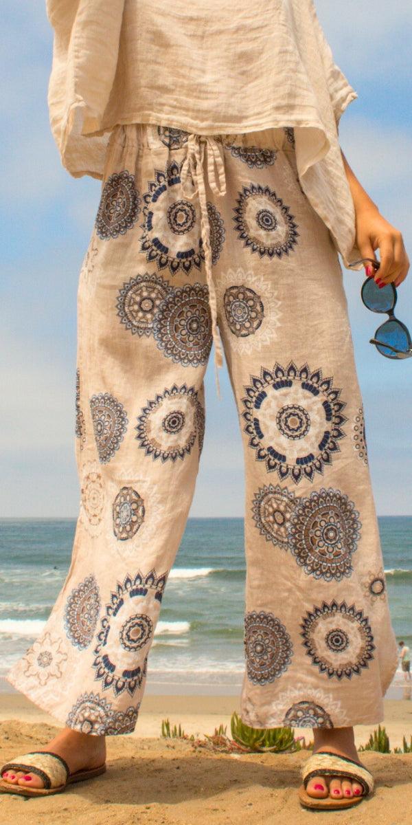 Giulana Mandala Capri Pants - Gigi Moda - Made in Italy # 100% Linen, Capri, free shipping, Gigi Moda, linen pants, Made in Italy, mandala, OS, Pants, resort, resort wear