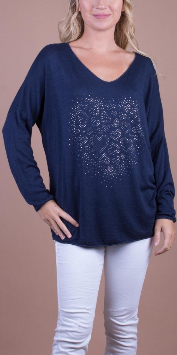 Mattea Top - Gigi Moda - Made in Italy # casual sweater, Gigi Moda, hearts, Long Sleeve, Made in Italy, rhinestone, shirt, Sweater, Top, V Neck
