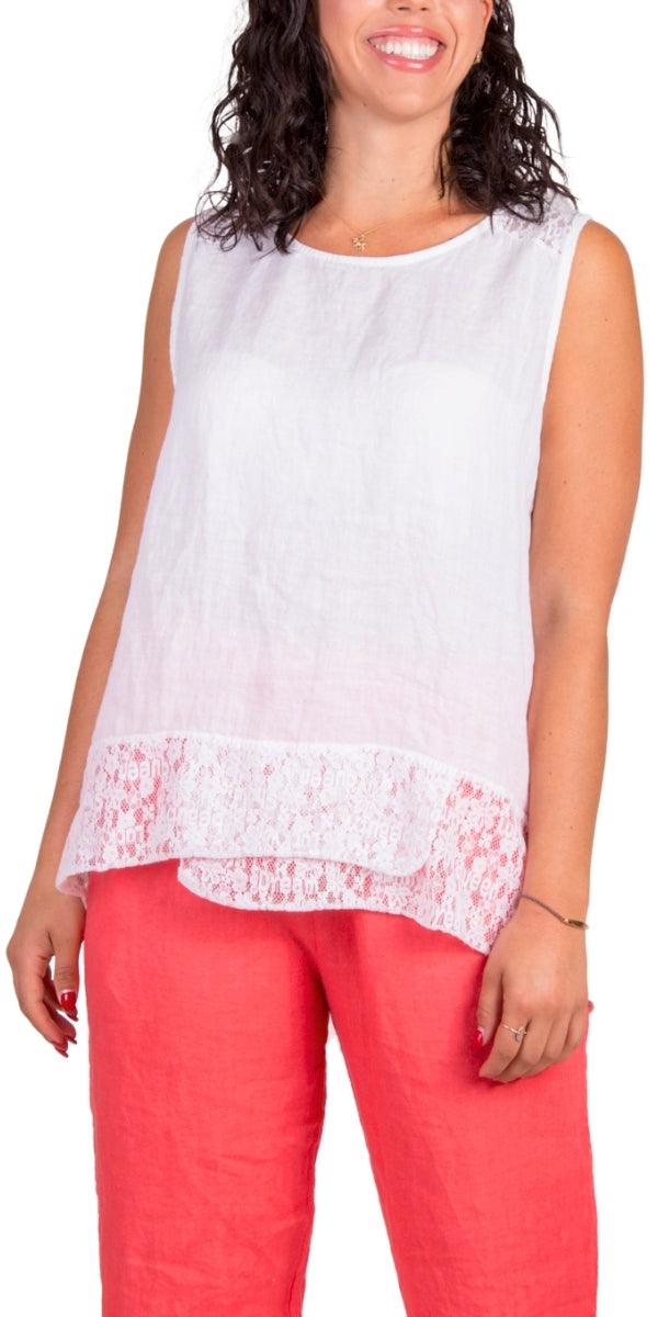 Merletto Linen Top - Gigi Moda - Made in Italy # 100% Linen, Gigi Moda, lace, Lace Top, Linen, linen tank, Made in Italy, one size, OS, resort wear, Sleeveless, spring, summer, Tank Top, Top