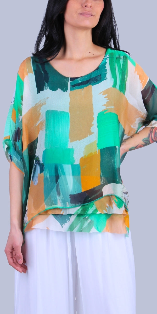 Carmelina Brushstroke Silk Kaftan - Gigi Moda - Made in Italy # abstract print, Brush Stroke, brush stroke print, brushstroke print, Frayed Edge, Gigi Moda, italian blouse, Italian Clothing, italian fashion, italian outfit, italian silk, Kaftan, made in Italy, raw edge, top