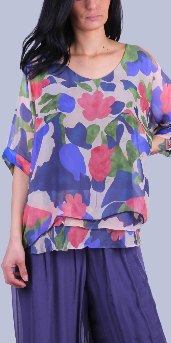 Carmelina Abstract Floral Kaftan - Gigi Moda - Made in Italy # abstract print, floral, floral design, Floral Print, Frayed Edge, Gigi Moda, italian blouse, Italian Clothing, italian fashion, italian outfit, italian silk, Kaftan, made in Italy, maxretail, raw edge, top