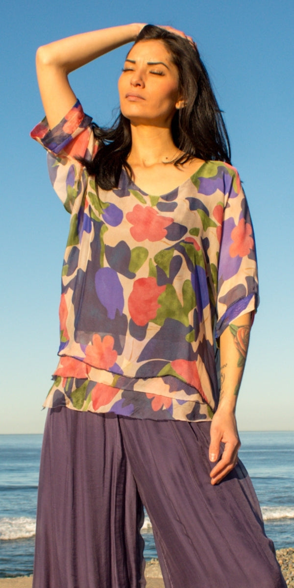 Carmelina Abstract Floral Kaftan - Gigi Moda - Made in Italy # abstract print, floral, floral design, Floral Print, Frayed Edge, Gigi Moda, italian blouse, Italian Clothing, italian fashion, italian outfit, italian silk, Kaftan, made in Italy, maxretail, raw edge, top