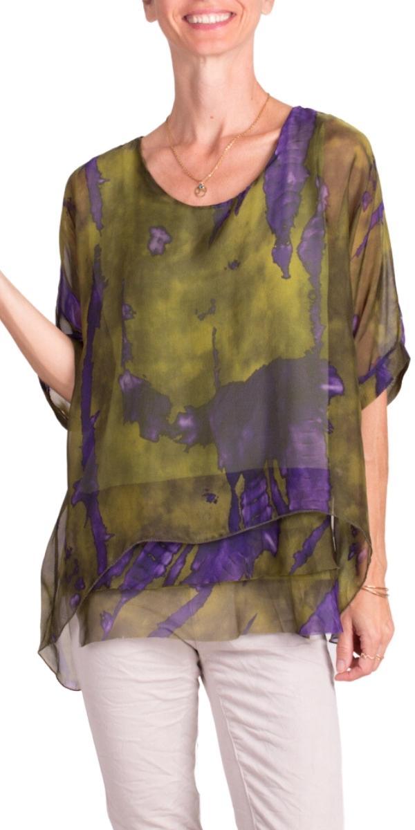 Carmelina Acid Wash Silk Kaftan - Gigi Moda - Made in Italy # 100% silk, abstract print, carlsbad, Frayed Edge, free shipping, Gigi Moda, italian blouse, Italian Clothing, italian fashion, italian outfit, italian silk, Kaftan, made in Italy, maxretail, raw edge, top, watercolor, Watercolor Print