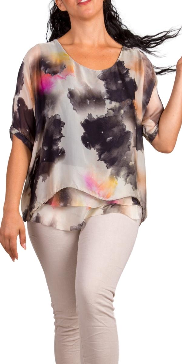 Carmelina Watercolor Silk Kaftan - Gigi Moda - Made in Italy # 100% silk, abstract print, carlsbad, Frayed Edge, free shipping, Gigi Moda, italian blouse, Italian Clothing, italian fashion, italian outfit, italian silk, Kaftan, made in Italy, maxretail, raw edge, top, watercolor, Watercolor Print