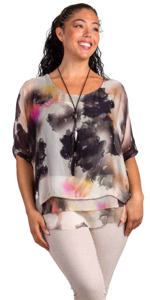 Carmelina Watercolor Silk Kaftan - Gigi Moda - Made in Italy # 100% silk, abstract print, carlsbad, Frayed Edge, free shipping, Gigi Moda, italian blouse, Italian Clothing, italian fashion, italian outfit, italian silk, Kaftan, made in Italy, maxretail, raw edge, top, watercolor, Watercolor Print