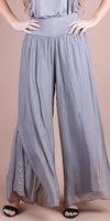 Wide-leg gray silk palazzo pants with sequin detailing and a high waistband, women's fashion